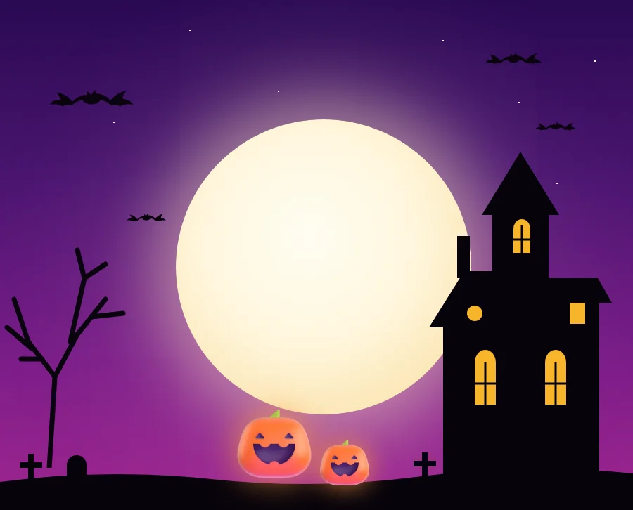 Halloween night scene with a full moon, a haunted house, bats and glowing jack-o'-lanterns
